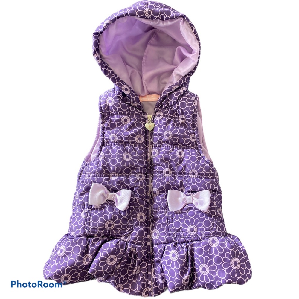 Cozy Puffer Vest Hooded Bows on Pockets Floral Print Front Zipper Purple Size 3T